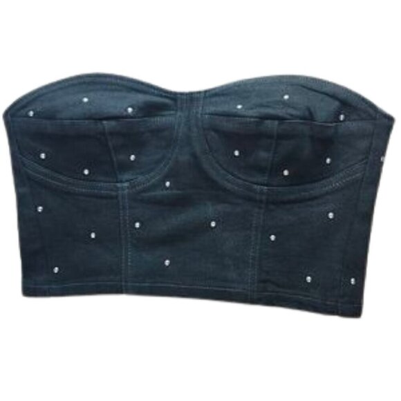 NWOT ZARA Black denim studded strapless corset crop top - Picture 1 of 9